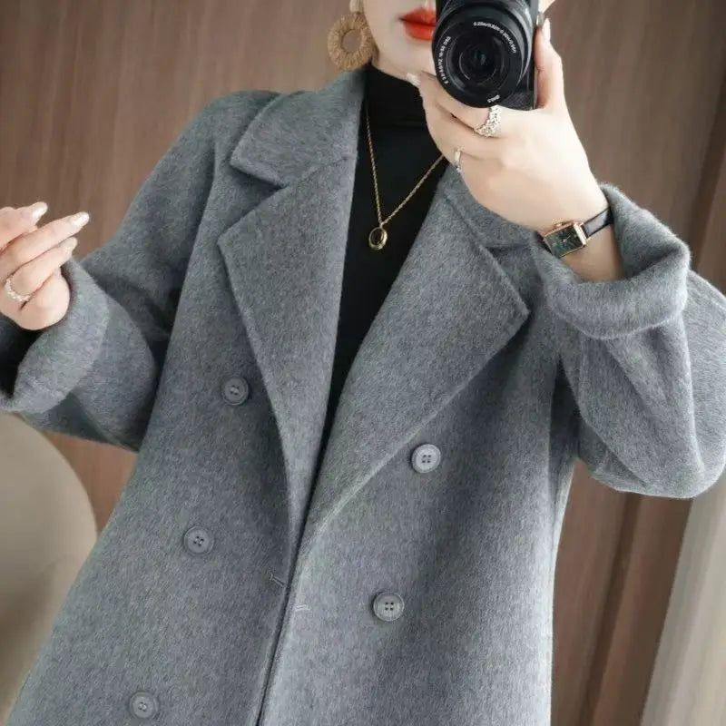 Korean Style Wool Coat - Women's Double-Breasted Mid-Length Winter Jacket