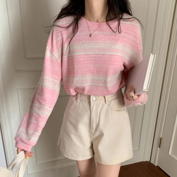 Korean Style Vintage Striped Long Sleeve T-Shirt - Women's Loose Fit Top