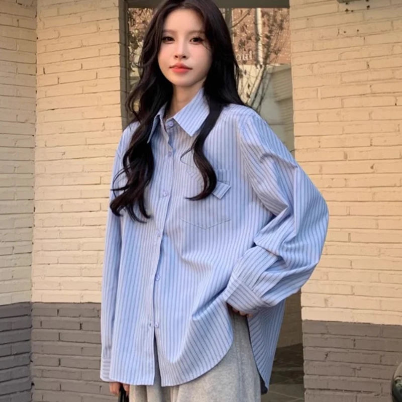 Korean Style Blue Striped Shirt - Women's Long Sleeve Blouse with Pockets