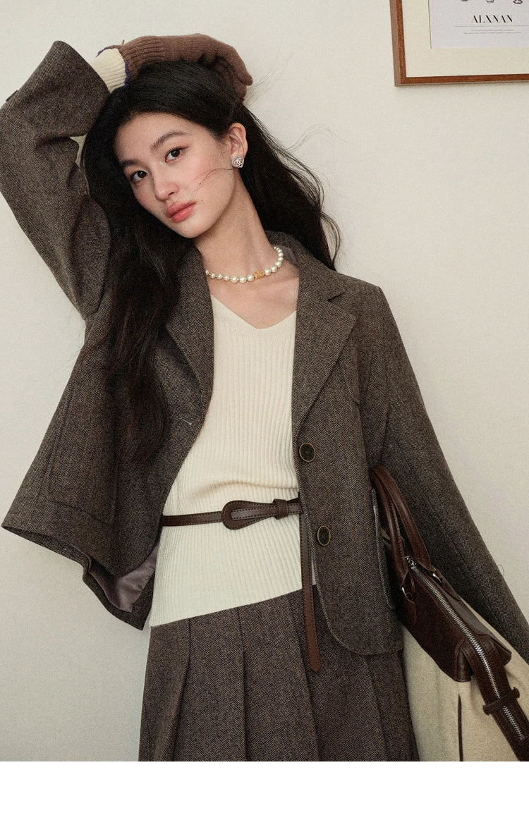 Korean Style Pleated Wool Skirt - Elegant High-Waist A-Line Midi Skirt for Women