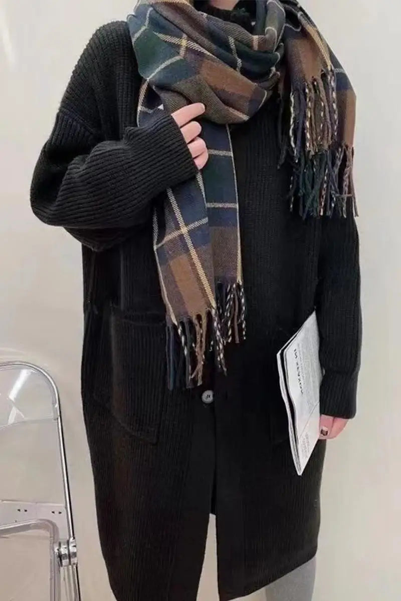 Korean Style Long Cardigan with High Collar - Women's Knit Sweater