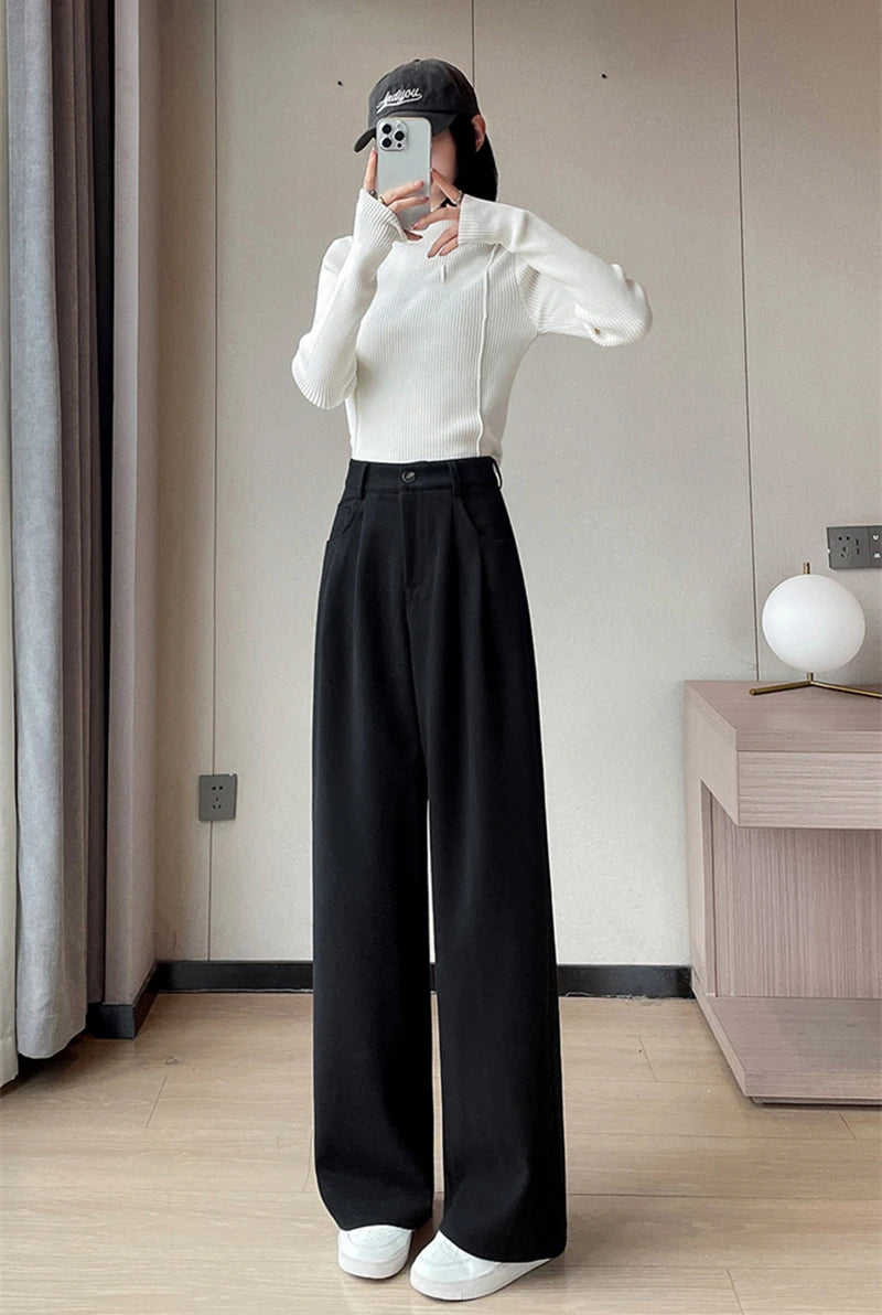 MEXZT Woolen Wide Leg Pants Women Streetwear Belt Fleece Baggy Black Suit Pants Winter Korean Fashion Casual Straight Trousers