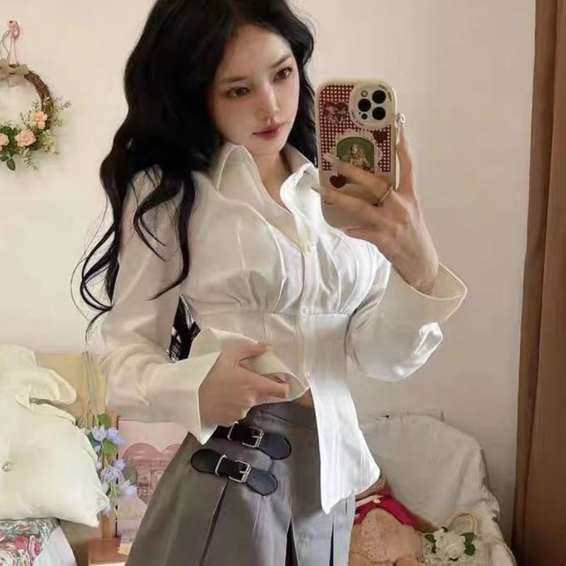Korean Style White Shirt - Women's Slim Fit Long Sleeve Blouse