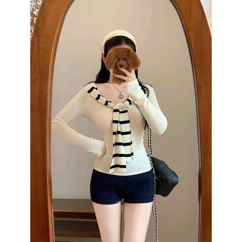 Korean Style Two-Piece Striped Knit Set - Boat Neck Layered Top