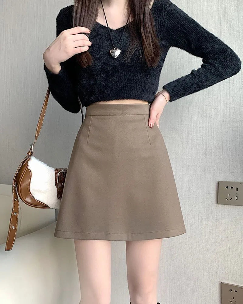 Korean Style High Waist Woolen Mini Skirt - A-Line Bodycon Skirt with Zipper
