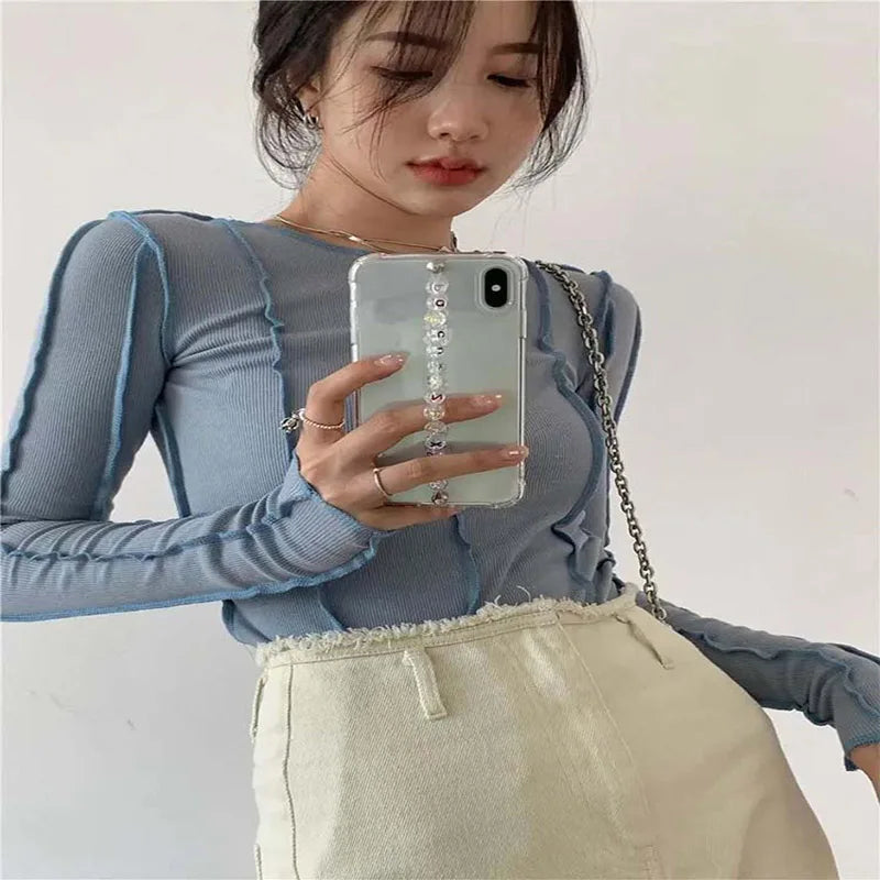 Korean Style Long Sleeve Top - Slim Fit with Contrast Line Detail