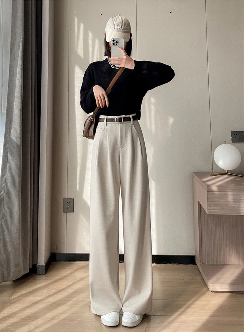 MEXZT Woolen Wide Leg Pants Women Streetwear Belt Fleece Baggy Black Suit Pants Winter Korean Fashion Casual Straight Trousers
