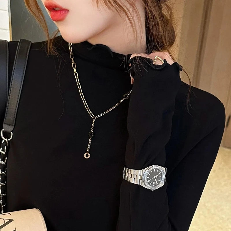 Korean Style Long Sleeve T-Shirt - Women's Casual Crew Neck Top