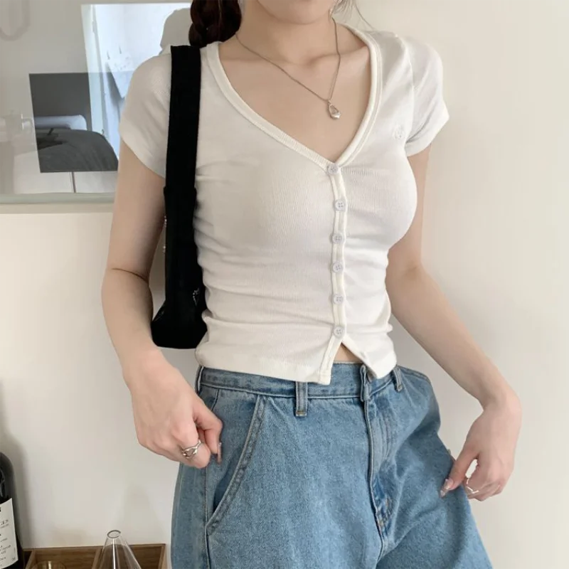 Sexy V-neck Single Breasted Short Sleeved Crop Top Cardigan Women's Summer New Korean Slim fit T-shirt Short