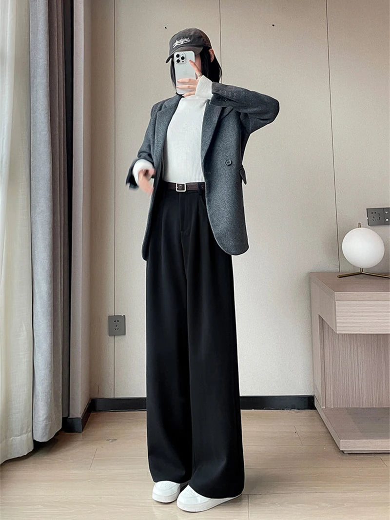 MEXZT Woolen Wide Leg Pants Women Streetwear Belt Fleece Baggy Black Suit Pants Winter Korean Fashion Casual Straight Trousers