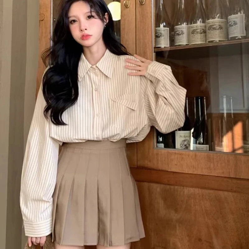 Korean Style Blue Striped Shirt - Women's Long Sleeve Blouse with Pockets