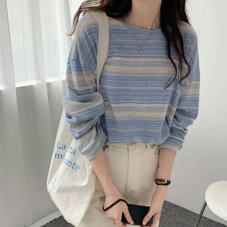 Korean Style Vintage Striped Long Sleeve T-Shirt - Women's Loose Fit Top