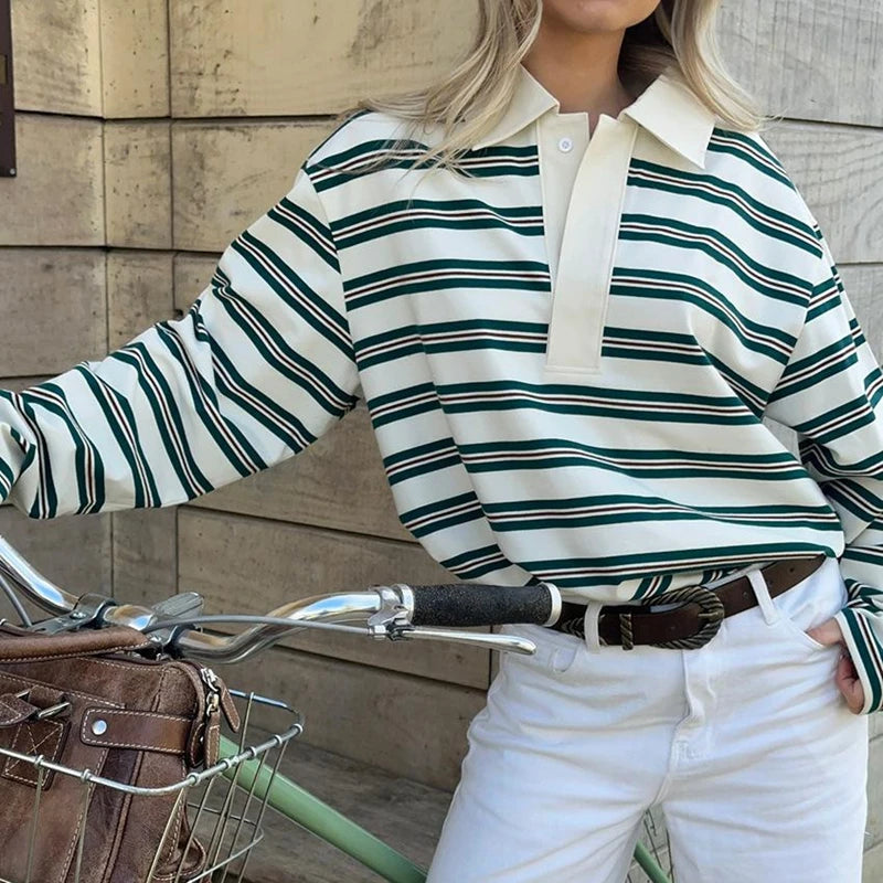 Korean Style Striped V-Neck Sweatshirt - Women's Vintage Y2K Button Pullover Top