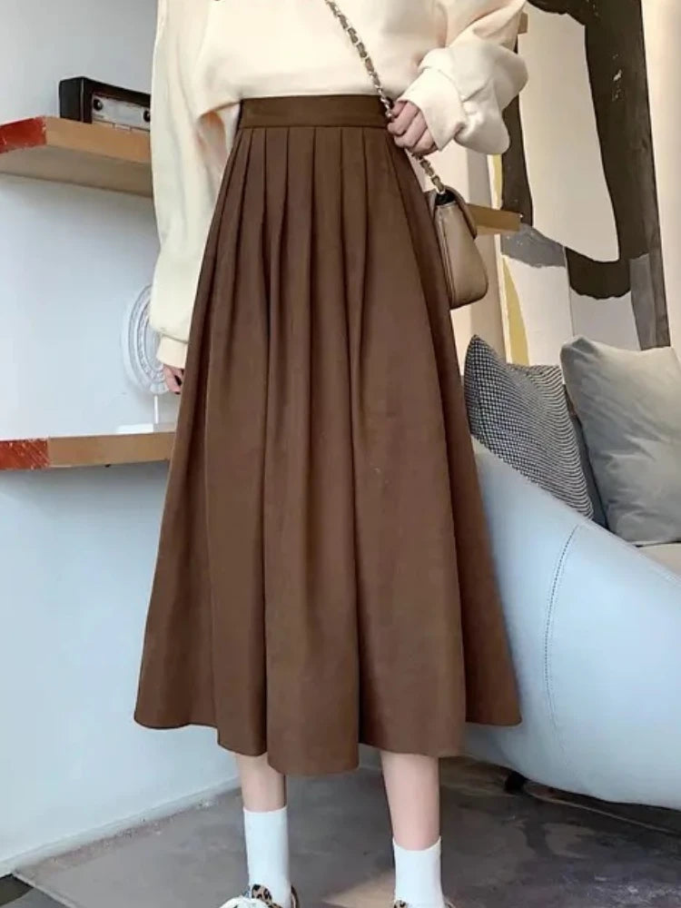 Korean Style Pleated Midi Skirt - Vintage Brown High Waist A-Line Skirt