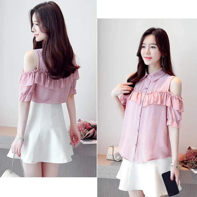 Korean Style Off-Shoulder Chiffon Blouse - Ruffle Sleeve Summer Top