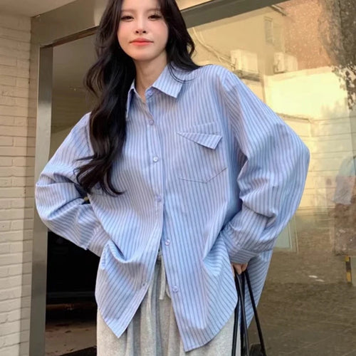 Korean Style Blue Striped Shirt - Women's Long Sleeve Blouse with Pockets