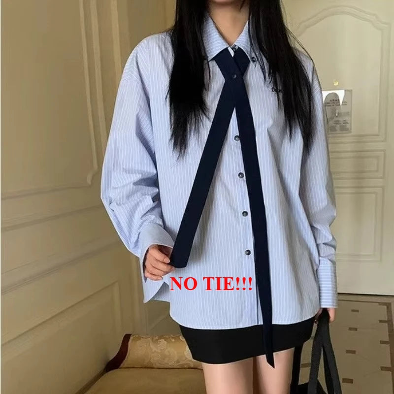 Korean Style Blue Striped Shirt - Women's Embroidered Long Sleeve Blouse