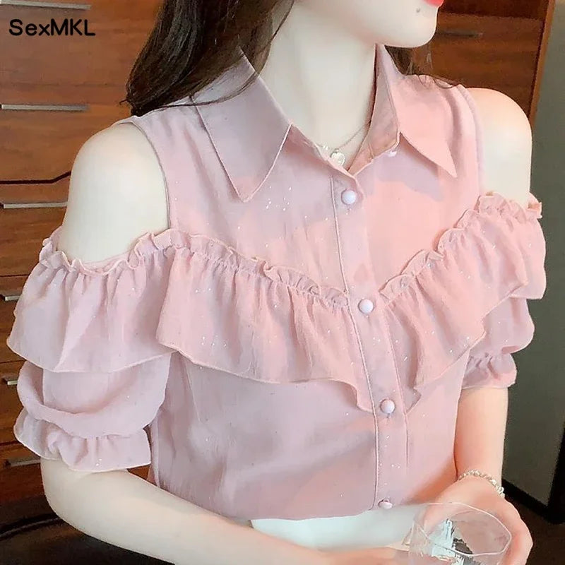 Korean Style Off-Shoulder Chiffon Blouse - Ruffle Sleeve Summer Top