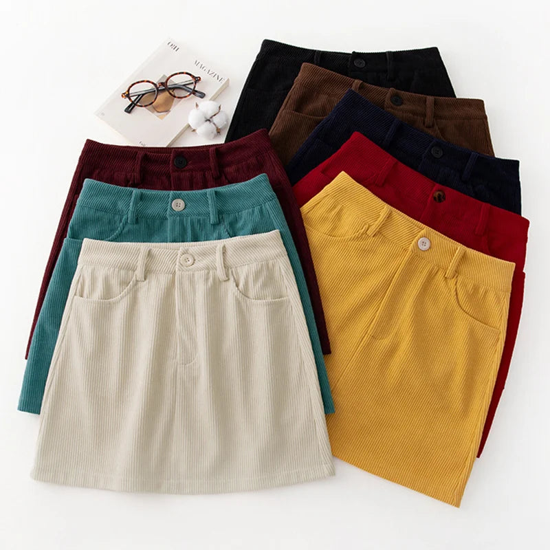 Korean Style High Waist Corduroy Mini Skirt - A-Line Vintage College Skirt with Pockets