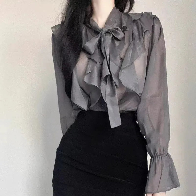 Korean Style Chiffon Blouse with Bow - Long Sleeve V-Neck Office Shirt