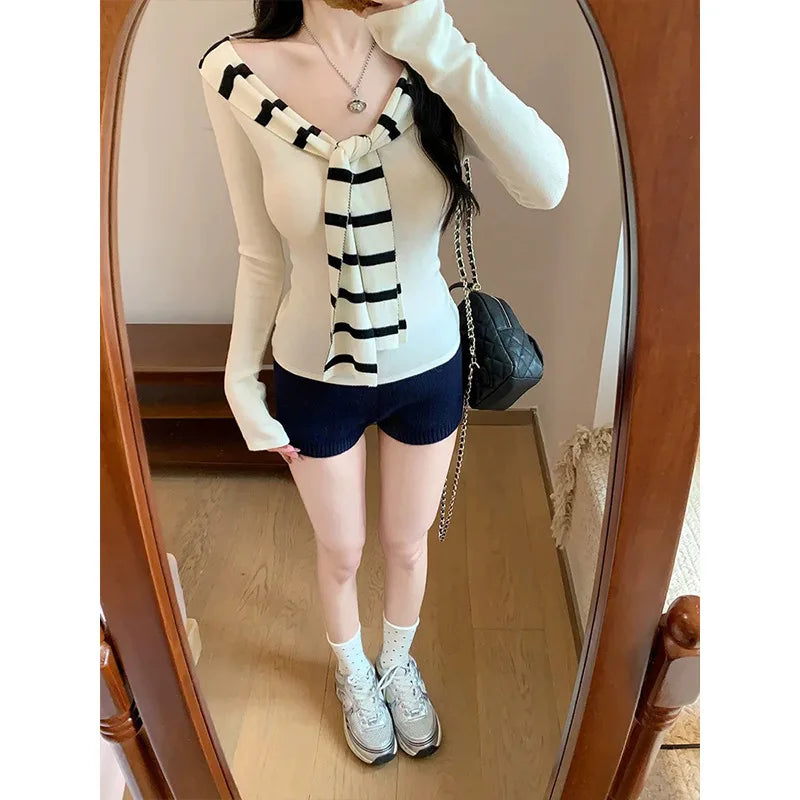 Korean Style Two-Piece Striped Knit Set - Boat Neck Layered Top