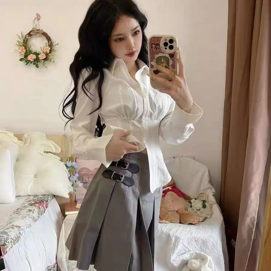 Korean Style White Shirt - Women's Slim Fit Long Sleeve Blouse