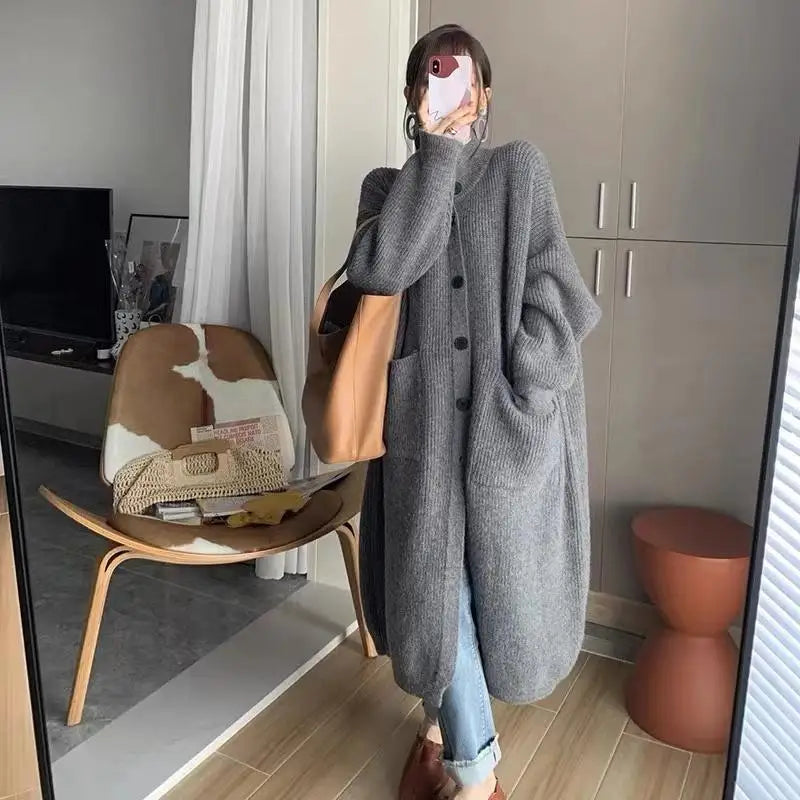 Korean Style Long Cardigan with High Collar - Women's Knit Sweater