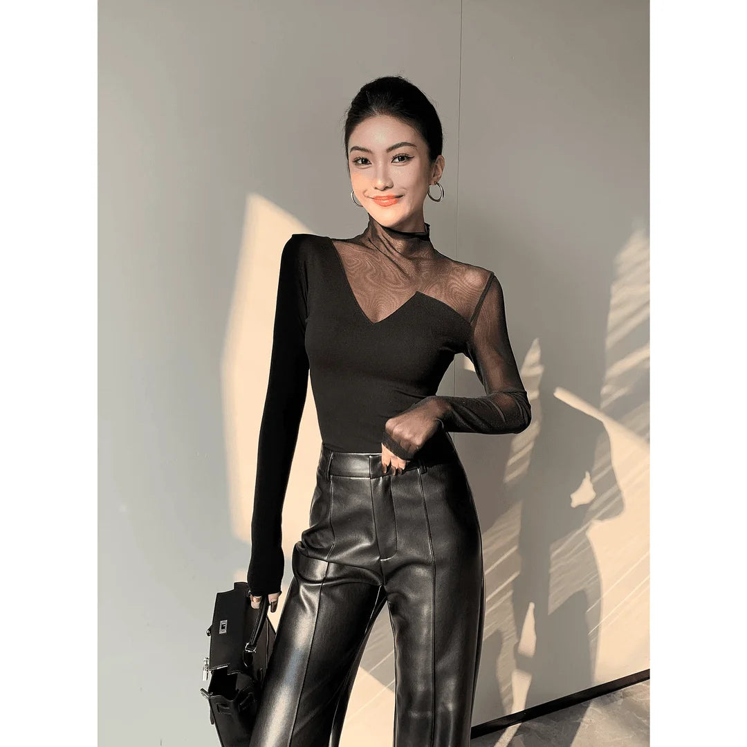 Korean Style Mesh Panel Long Sleeve Top - Elegant Black Sheer Patchwork Tee