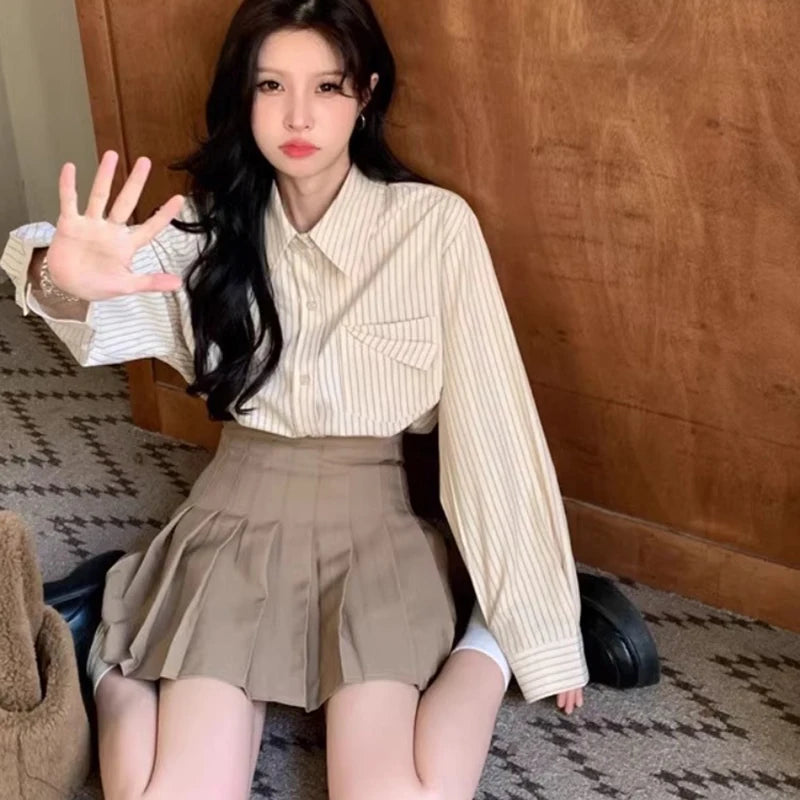 Korean Style Blue Striped Shirt - Women's Long Sleeve Blouse with Pockets