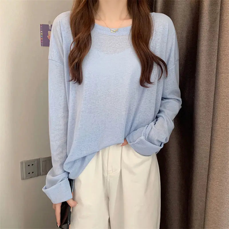 Korean Style Mesh Long Sleeve Cover Up Top