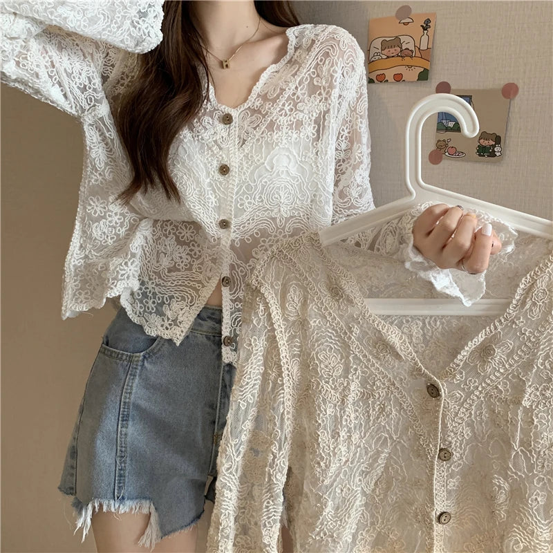Korean Style Lace Blouse - Sheer Long Sleeve Summer Top