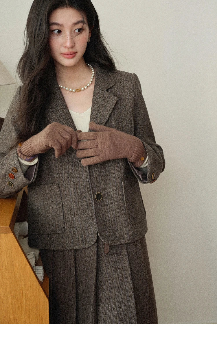 Korean Style Pleated Wool Skirt - Elegant High-Waist A-Line Midi Skirt for Women