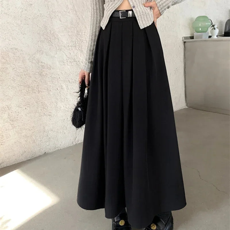 Korean Style Pleated Midi Skirt - A-Line High Waist Swing Skirt for Women