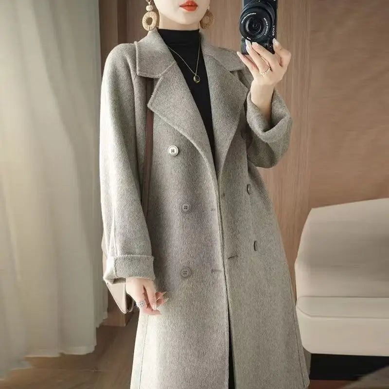 Korean Style Wool Coat - Women's Double-Breasted Mid-Length Winter Jacket