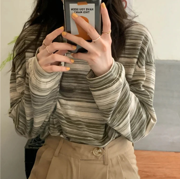 Korean Style Vintage Striped Long Sleeve T-Shirt - Women's Loose Fit Top