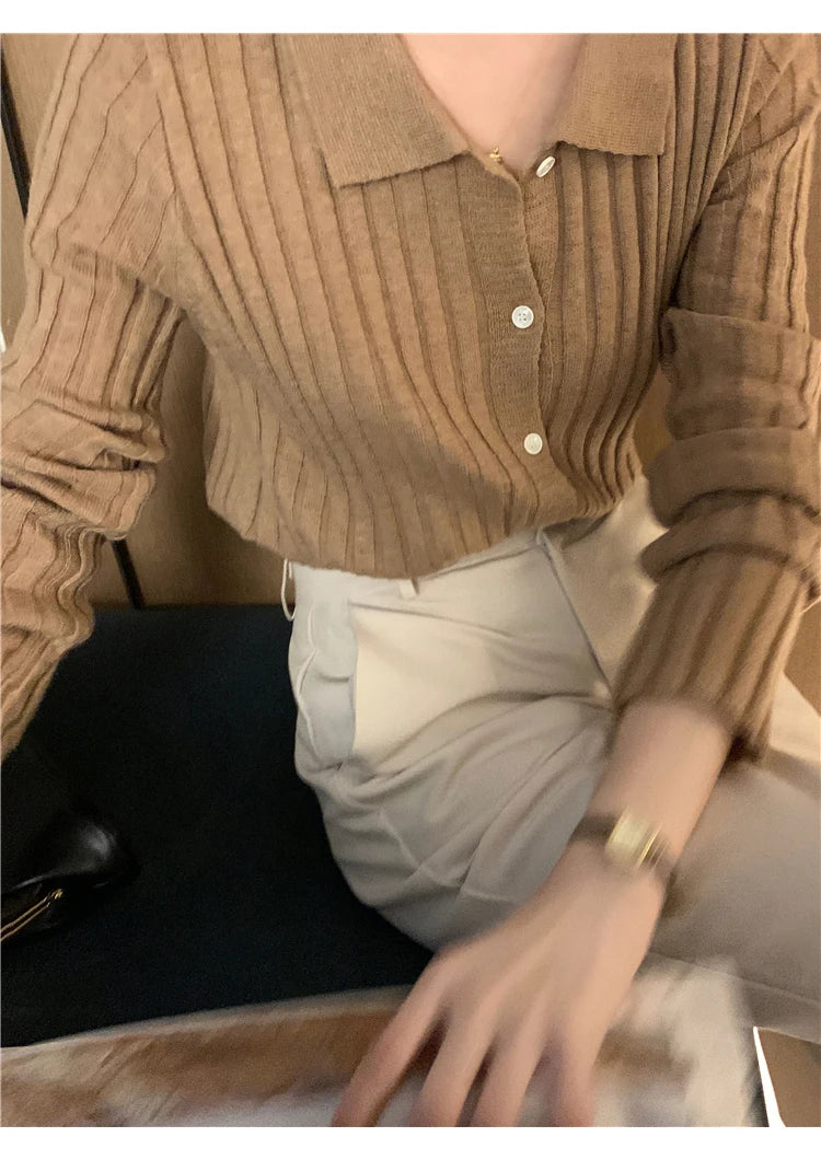 Korean Style Polo Collar Knit Cardigan - Women's Elegant Layering Sweater