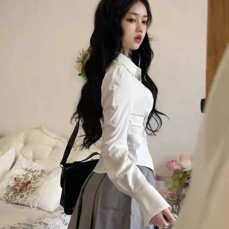 Korean Style White Shirt - Women's Slim Fit Long Sleeve Blouse