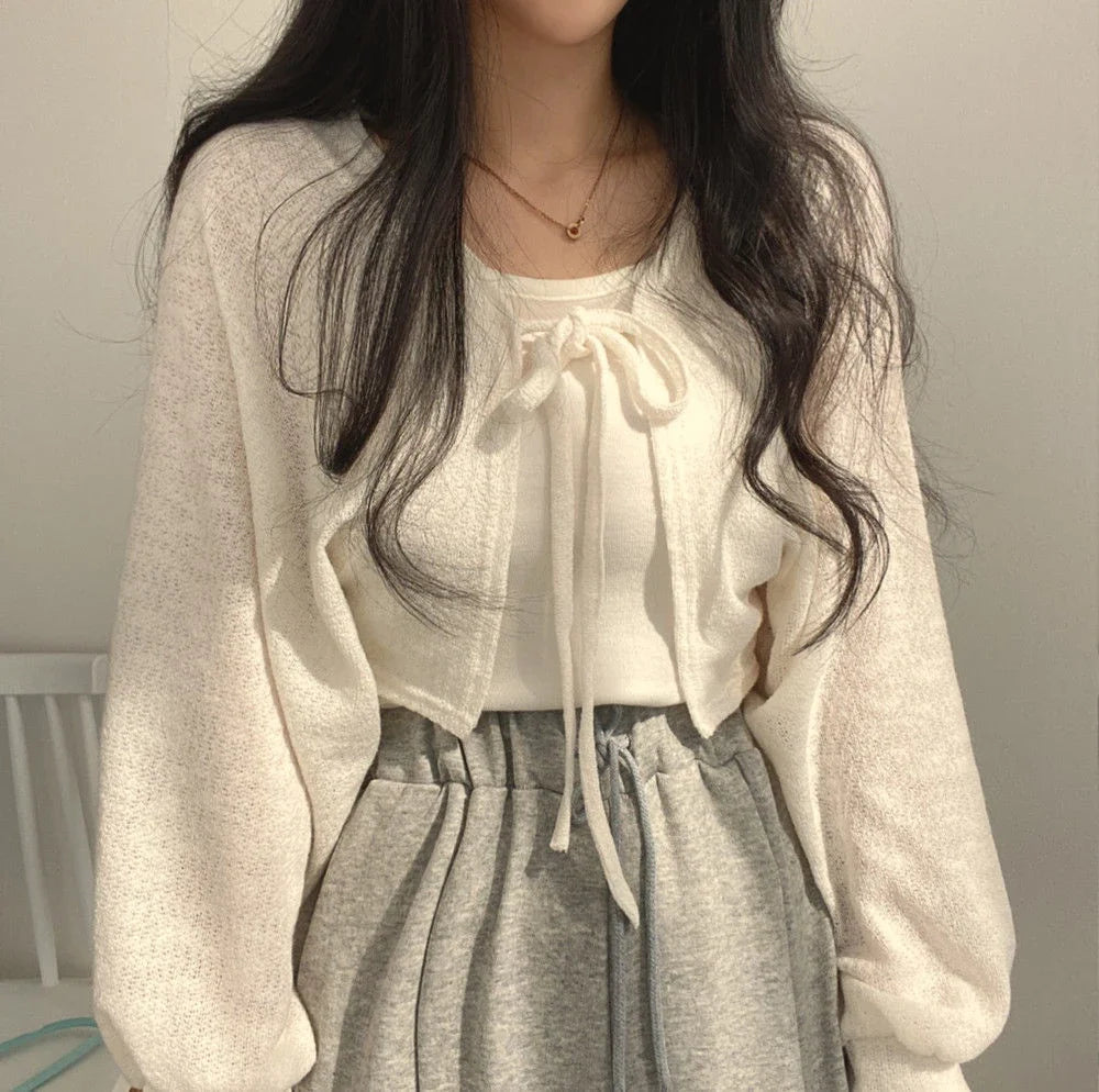 Korean Style White Cardigan - Women's Summer Lightweight Lace-Up Knitwear