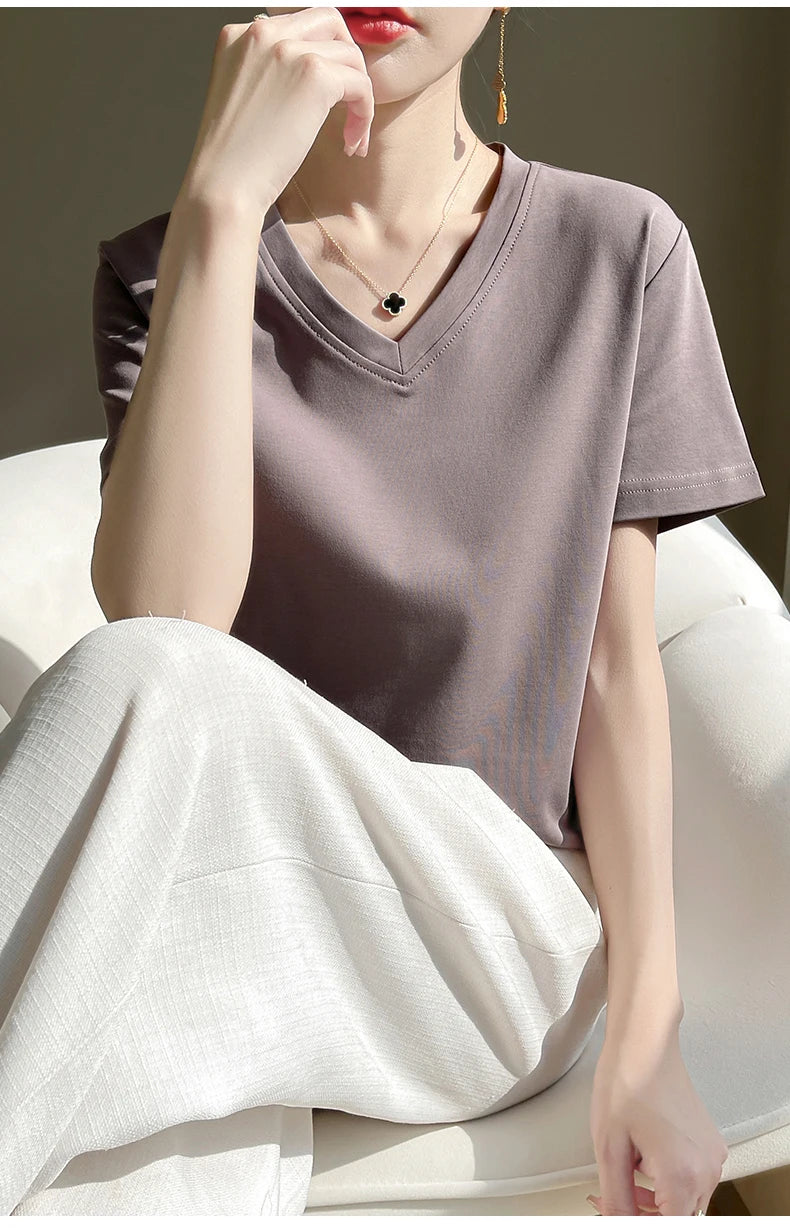 Korean Style V-Neck Cotton T-Shirt - Women's Relaxed Fit Short Sleeve Top