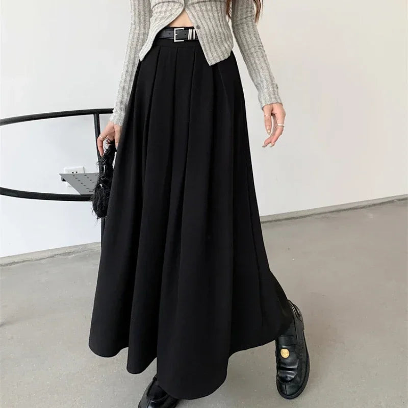 Korean Style Pleated Midi Skirt - A-Line High Waist Swing Skirt for Women