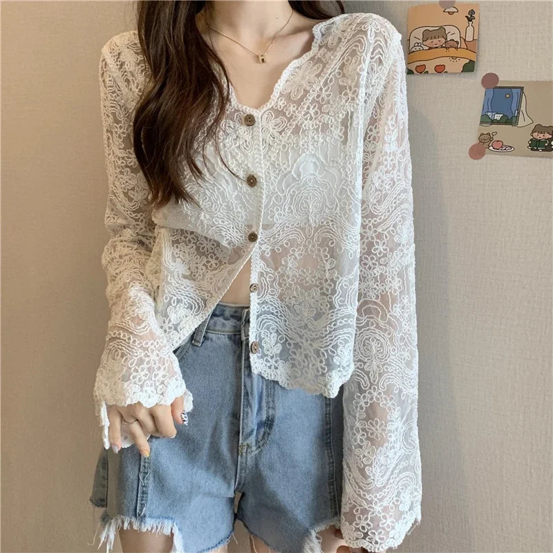 Korean Style Lace Blouse - Sheer Long Sleeve Summer Top