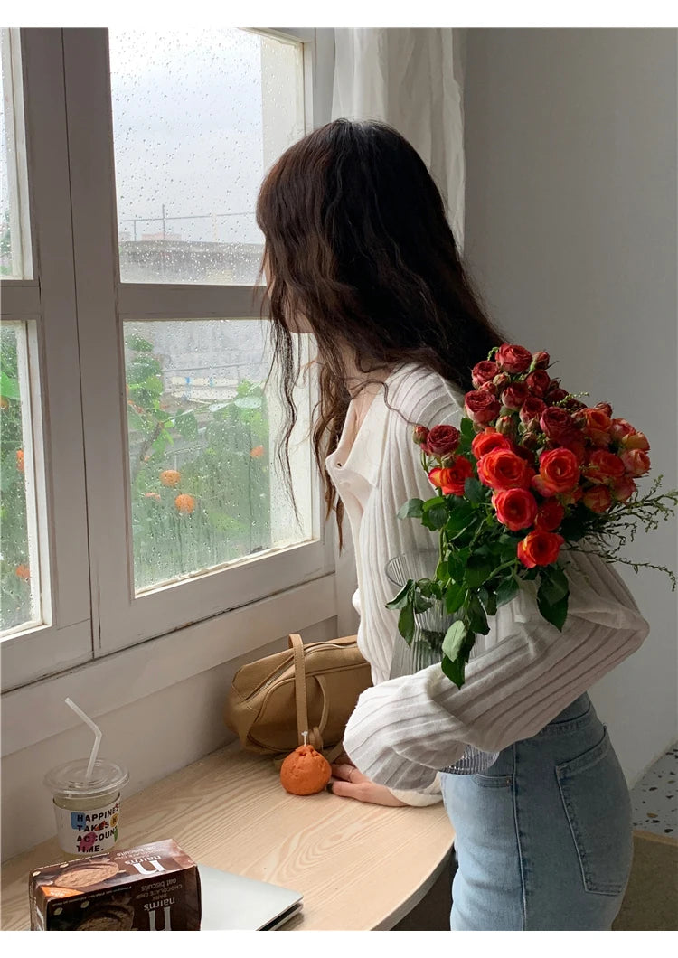 Korean Style Polo Collar Knit Cardigan - Women's Elegant Layering Sweater