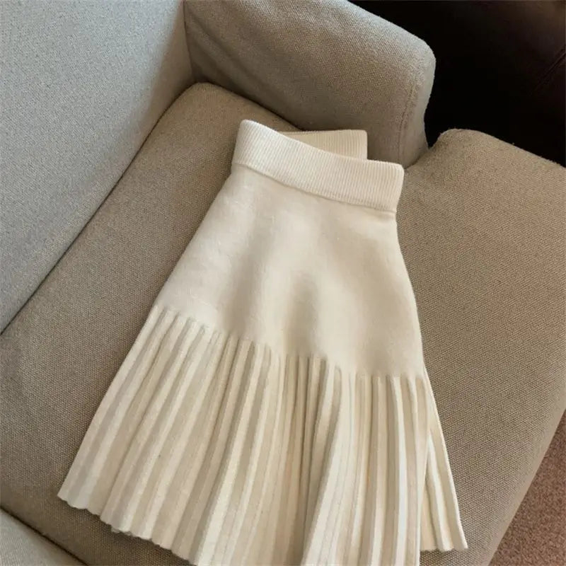 Korean Style Pleated Knit Mini Skirt - High Waist A-Line Skirt for Women