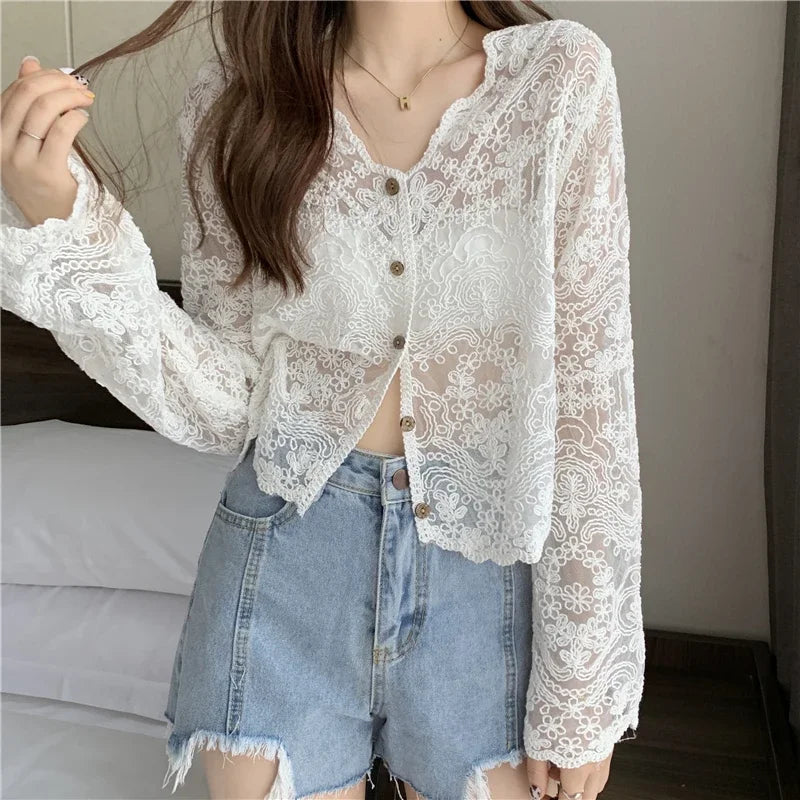 Korean Style Lace Blouse - Sheer Long Sleeve Summer Top
