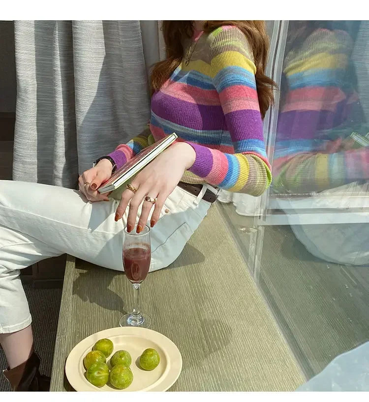 Korean Style Striped Long Sleeve Top - Women's Slim Fit T-Shirt