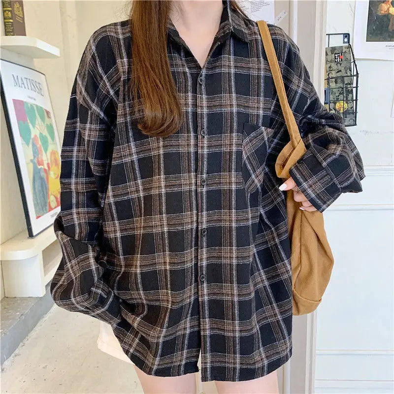 Korean Style Oversized Plaid Shirt - Women's Long Sleeve Button Up Blouse