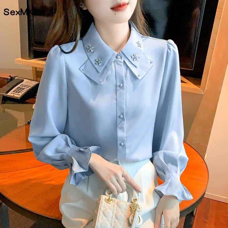 Korean Style Chiffon Blouse - Elegant Long Sleeve White Shirt for Women