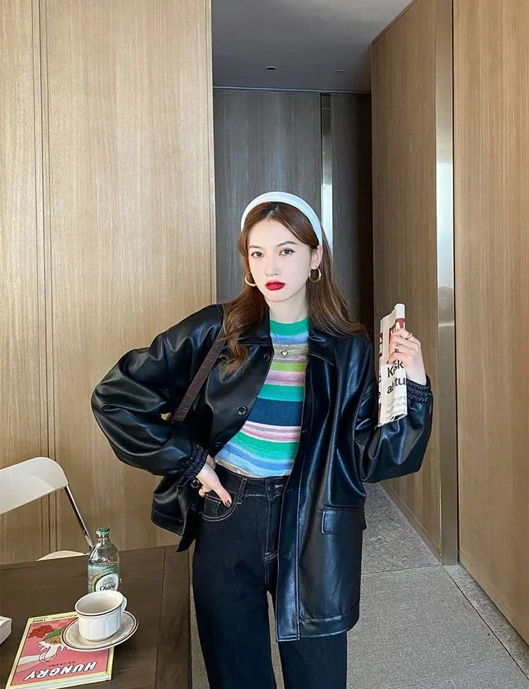 Korean Style Striped Long Sleeve Top - Women's Slim Fit T-Shirt