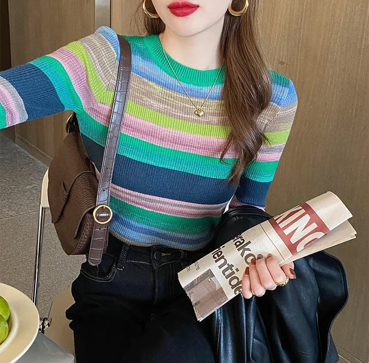 Korean Style Striped Long Sleeve Top - Women's Slim Fit T-Shirt