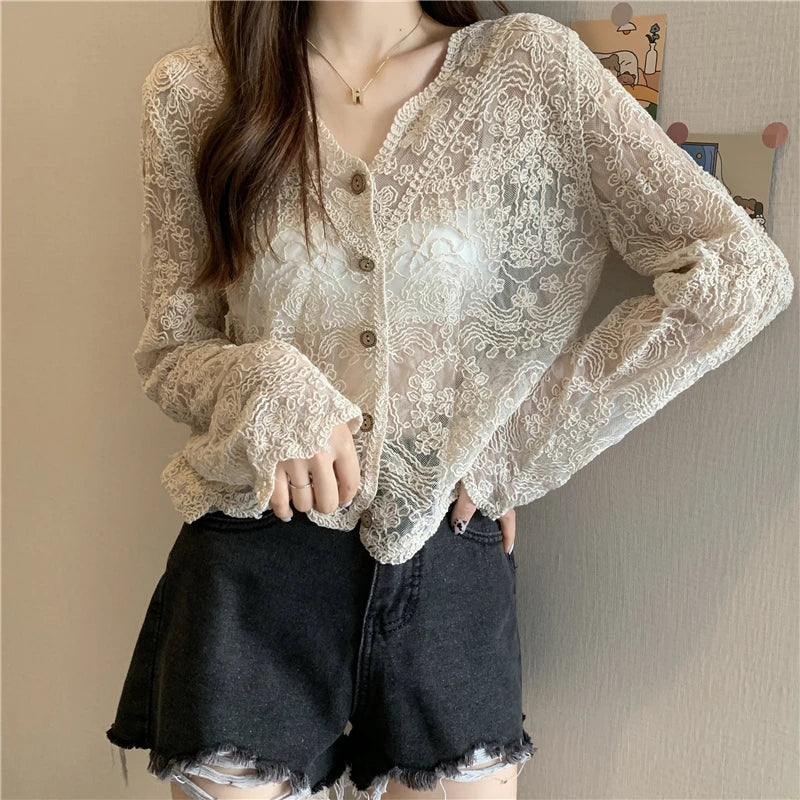 Korean Style Lace Blouse - Sheer Long Sleeve Summer Top